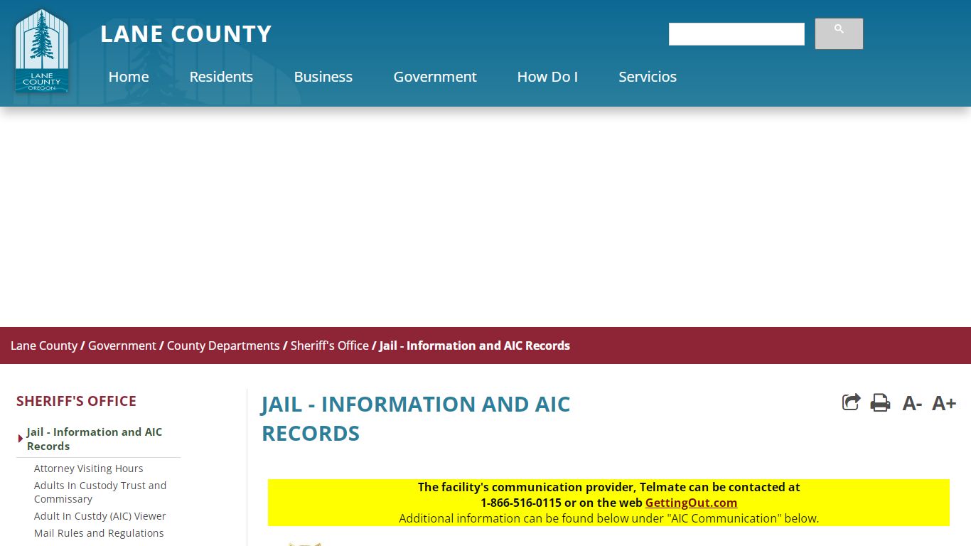 Jail - Information and AIC Records - Lane County